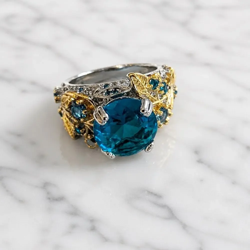Susan & Gloria Boutique 925 Sterling Silver Art Deco Blue Topaz Filigree Ring